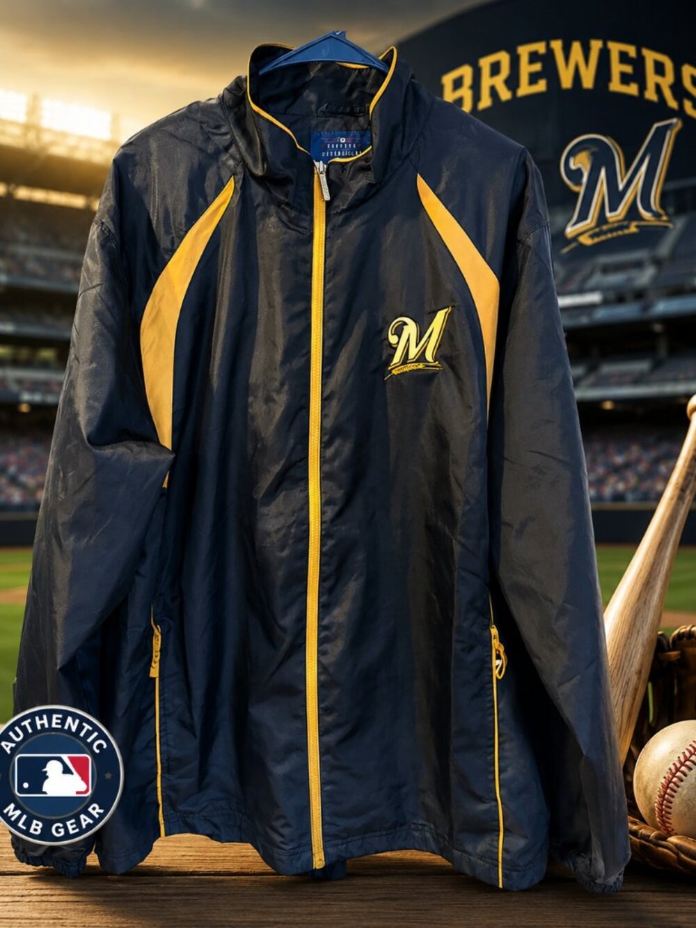 Milwaukee Brewers MLB Windbreaker Jacket Mens XL Full Zip Navy Yellow Baseball